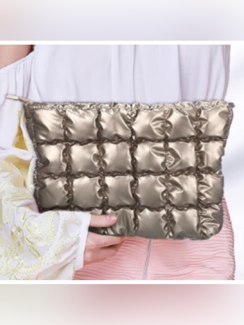 NEW Quilted Padded Puffy Clutch Pouch Cosmetic Bag Champagne Gold Puff Puffer